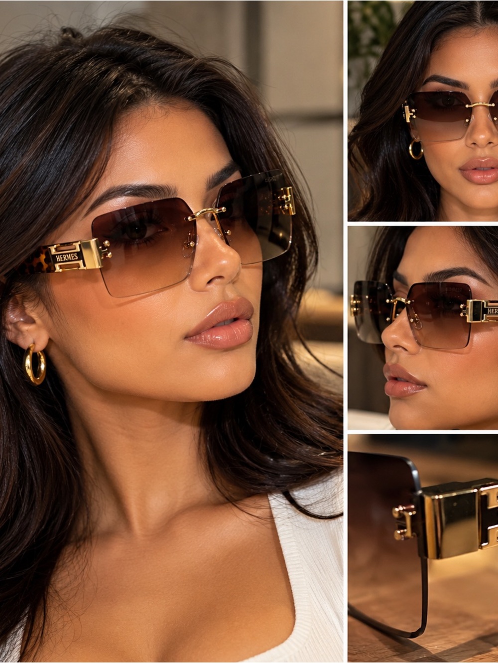 Hermes Gold-Trim Brown Gradient Rimless Women's Sunglasses